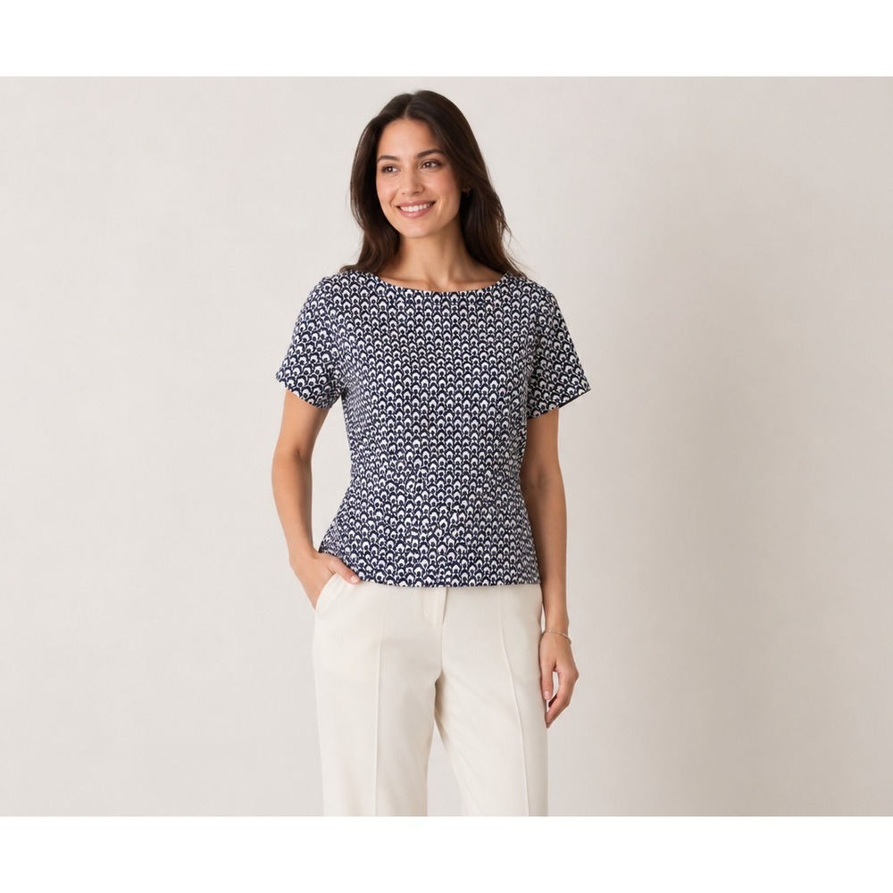 Ann Taylor Top Womens Medium Blue White Abstract Floral Peplum‎ Hem Polyester